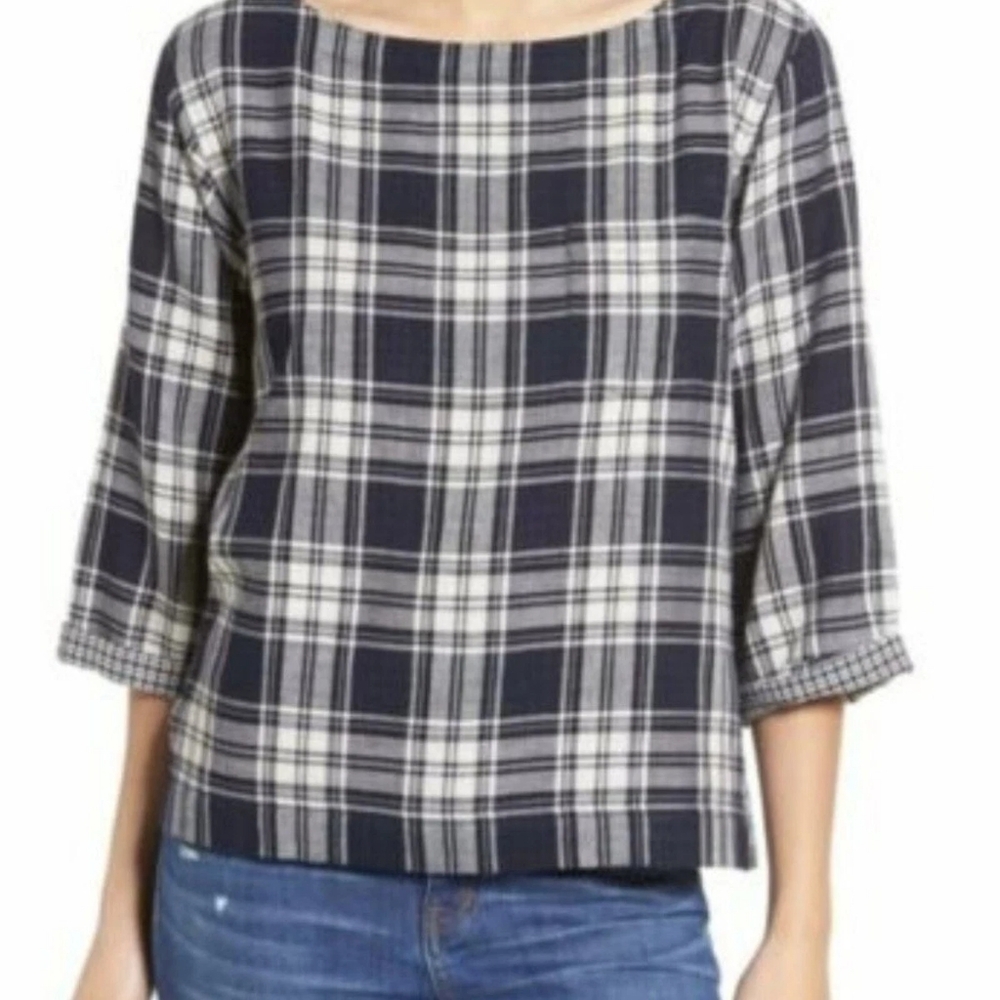 MADEWELL Boxy "Bedford" Flannel Tee 3/4 Sleeve Ink Plaid 100% Cotton Small